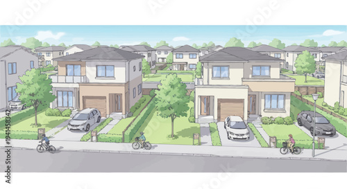 Suburban neighborhood with modern houses, cars, and people cycling on a sunny day.