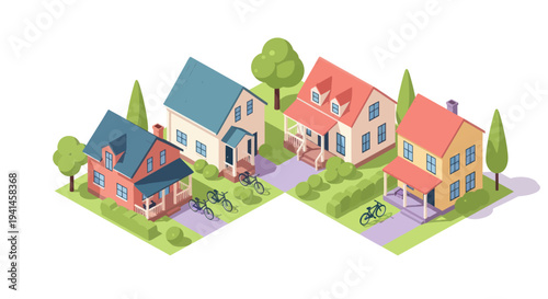 Isometric suburban neighborhood with colorful houses, trees, and bicycles
