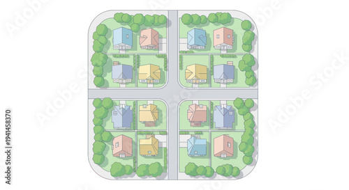 Aerial View of Suburban Neighborhood with Colorful Houses and Green Lawns