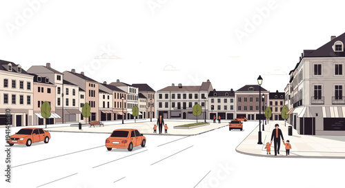European Town Square with Cars and People Walking