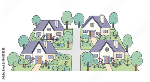 Cozy Neighborhood Street with Houses, Trees, and Flowers - Illustration