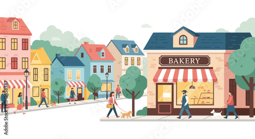Charming Street Scene with Bakery and Pedestrians Walking