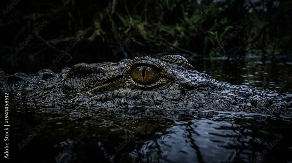 Fototapeta premium crocodile eye close up in dark swamp water with reflection
