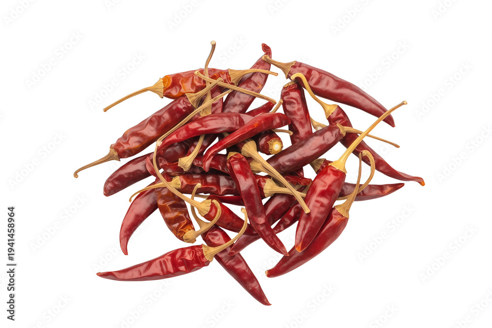 Fototapeta premium Pile of Dried Red Chili Peppers in a Top Down View, Spicy Seasoning and Cooking Ingredient Cutout Isolated on Transparent Background