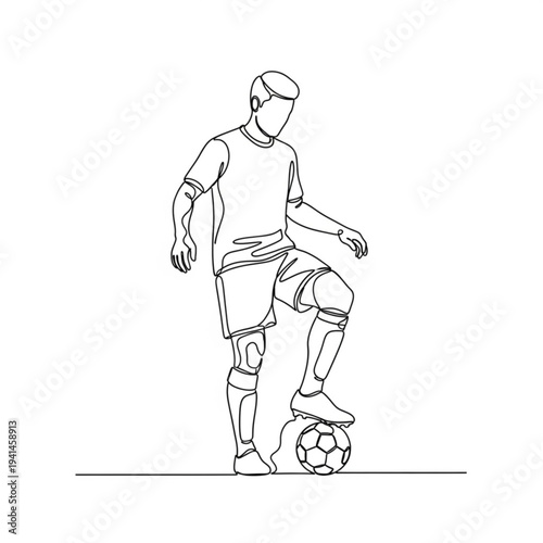 A minimalist line art illustration of a soccer player skillfully controlling a ball with one foot