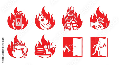 Collection of essential red and white vector icons representing fire safety procedures and emergency equipment graphics.