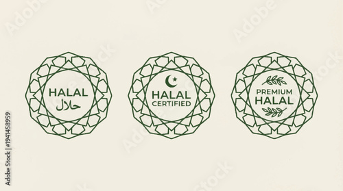 Three Halal certification logos with Islamic geometric patterns.