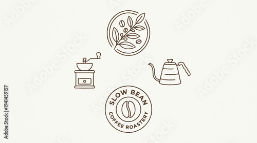 Coffee beans and coffee maker illustration with slow bean coffee roasters logo.