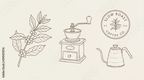 Vintage Coffee Illustration with Coffee Plant Grinder and Kettle.