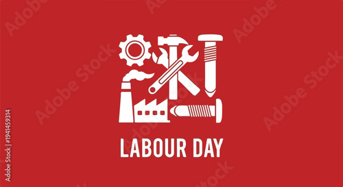 Labour Day illustration with industrial symbols and tools on a red background.