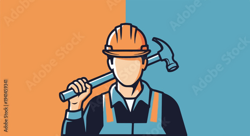 Construction worker holding a hammer over his shoulder, symbolizing labor and building.