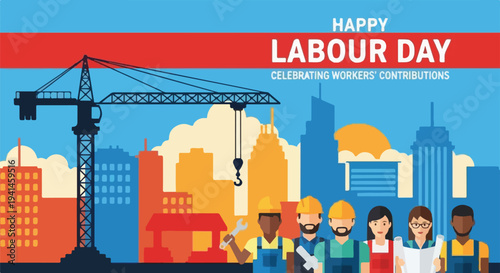 Happy Labour Day celebrating workers contributions with construction and city skyline.