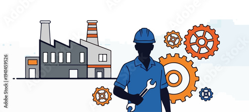 Industrial worker with wrench in front of factory and gears, representing industry and manufacturing.