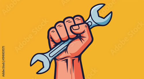 Fist holding a wrench, symbolizing labor, industry, and mechanical work against a vibrant yellow background.