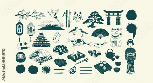 Japanese Culture Vector Icon Set with Fuji Mountain, Sushi, Geisha, Torii Gate and Sakura Flowers