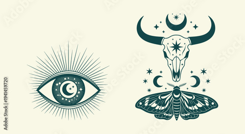 Celestial Mystical Symbols Set with All Seeing Eye Bull Skull and Moth Occult Boho Magic Vector Art
