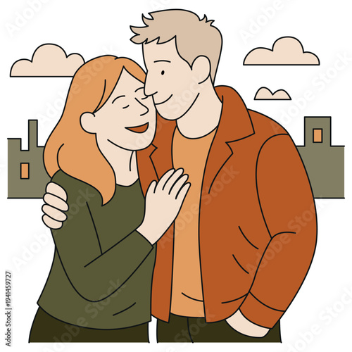 A happy couple is hugging on a city street