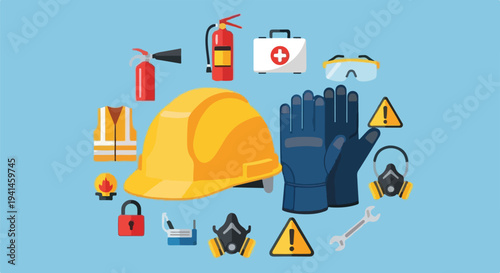 Collection of safety equipment and personal protective gear arranged in a circle on a blue background.
