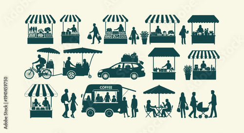 Dark Silhouette Vector Collection of Local Market Scenes with Vendors Shoppers and Food Stalls.