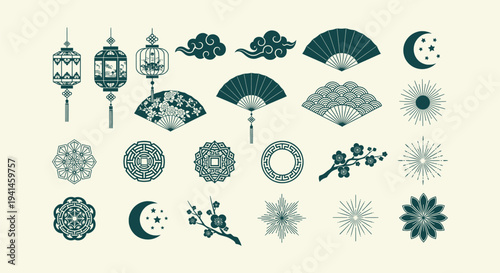 Oriental Chinese Traditional Decorative Ornament Set with Lanterns Fans Clouds and Floral Patterns