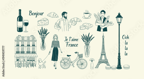 French Culture and Travel Symbols Vector Collection with Eiffel Tower Baguettes Wine and People.