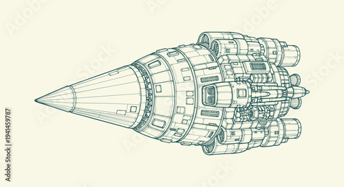Detailed Sci-Fi Spaceship Illustration, Futuristic Rocket Vessel with Intricate Mechanical Parts