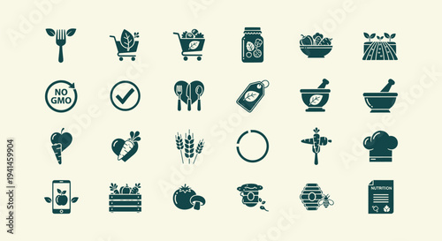 Healthy Food and Organic Nutrition Icon Collection for Vegan Diet, Cooking and Sustainable Living