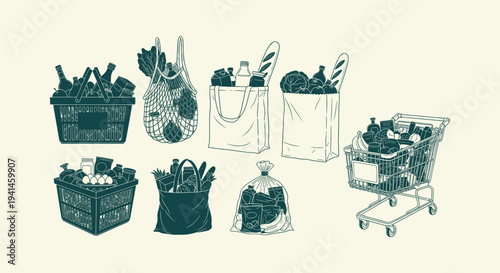 Grocery shopping containers collection featuring baskets bags and cart icons with food line art.