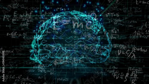 A human brain is surrounded by complex mathematical equations and abstract graphs representing deep thought and problem solving for scientific breakthroughs