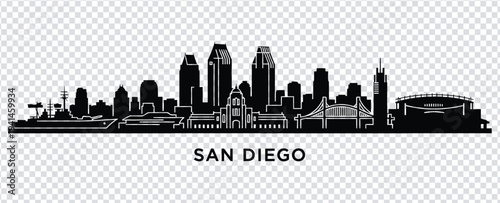 San diego city skyline silhouette at sunset with prominent buildings