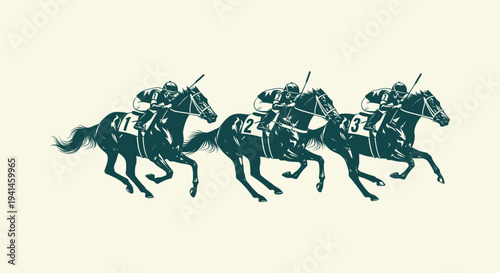 Professional horse racing competition with three jockeys and thoroughbred horses vintage vector art.