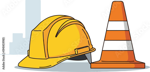 Yellow hard hat and orange traffic cone symbolizing construction and safety on a building site.