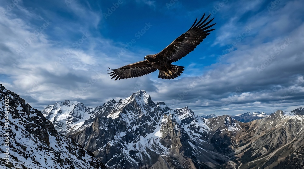 Fototapeta premium majestic golden eagle soaring over rugged snowy mountains under dramatic sky