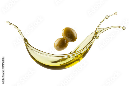 Two Green Olives with Dynamic Yellow Olive Oil Splash and Droplets Isolated on Transparent Background Cutout Mediterranean Food Design