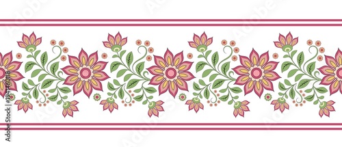 Canvastavla A seamless border with decorative flowers, branches, and leaves in pastel pink and green tones with a black outline, on a white background
