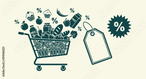 Shopping Cart Full of Fresh Groceries and Food Items with Discount Percentage Signs and Price Tag