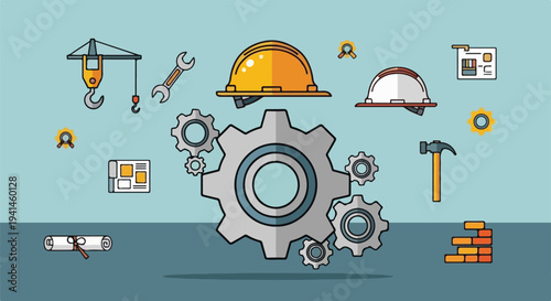 Illustration of construction and engineering tools and equipment, representing industry and development.