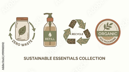 Sustainable living eco-friendly products collection with refill and recycling.