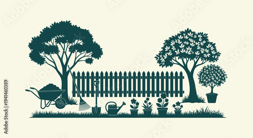 Green Silhouette Illustration of a Backyard Garden with Tools Trees Picket Fence and Plant Pots