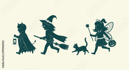 Silhouette of children in Halloween costumes witch devil and fairy walking with a cat and lantern