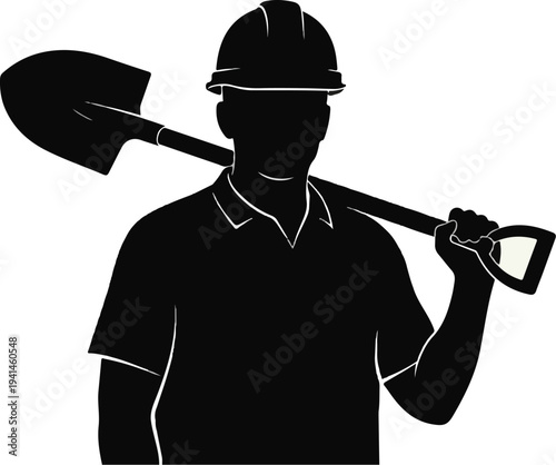 Silhouette of a construction worker holding a shovel over his shoulder, wearing a hard hat.