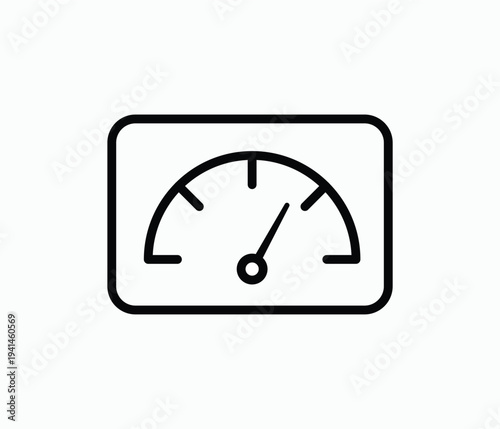 Minimalist speedometer icon in a rectangular frame, linear tachometer vector for car dashboard and performance speed concept
