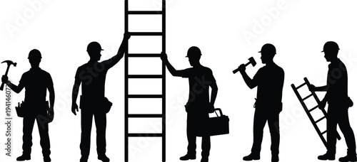 Construction worker silhouettes with ladder, toolbox, hammer, hard hats, vector illustration for labor, teamwork, safety, and building industry concepts