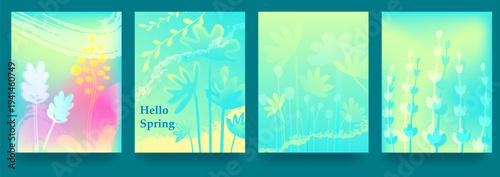A set of modern vector gradient backgrounds for posters. A minimalist spring/summer poster cover template with a green gradient and plants. Out-of-focus motion. Design for social media, banners
