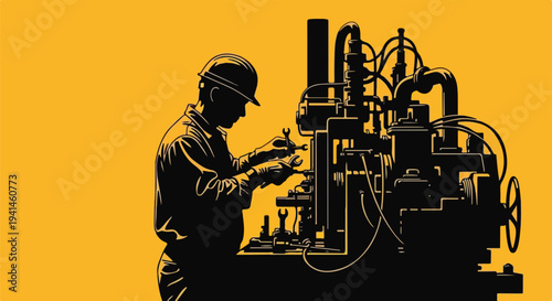 Silhouette of a factory worker in a hard hat operating complex machinery in a workshop setting.