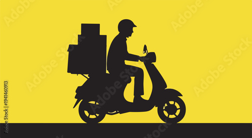 Silhouette of a delivery person riding a scooter with packages on a yellow background, representing fast delivery services.