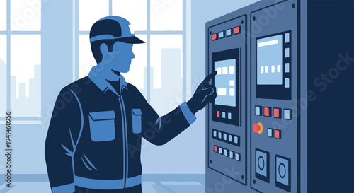 Industrial worker in uniform operating a control panel with touchscreens and buttons in a factory setting.