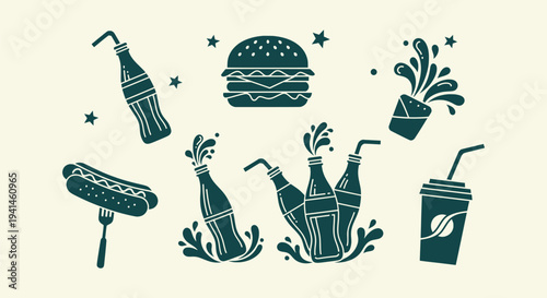 Set of Fast Food Silhouettes Including Burger Hot Dog Soda Bottles and Cup for Graphic Design Icons
