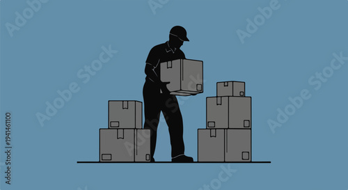 Delivery person silhouette stacking cardboard boxes, representing logistics and shipping services.