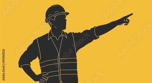 Silhouette of a construction worker in a hard hat and safety vest pointing to the right against a yellow background.
